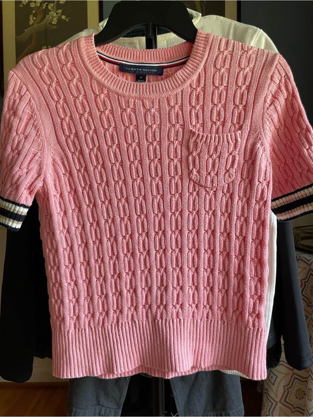 Tommy Hilfiger Pink Cable-Knit Short Sleeve Sweater with Stripe Trim